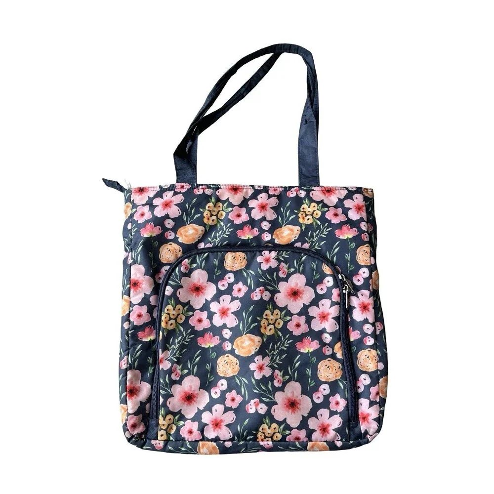 Floral Insulated Picnic Tote Bag Navy Pink Cooler Lunch Beach Market Zip Pockets